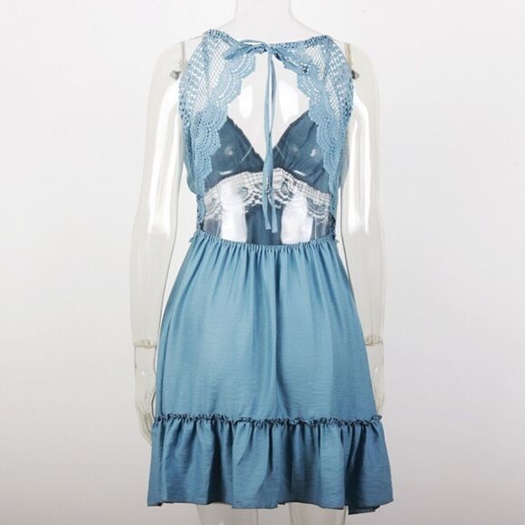 NEW! Blue Crochet Lace Ruffled Halter Mini Dress - Picture 7 of 11